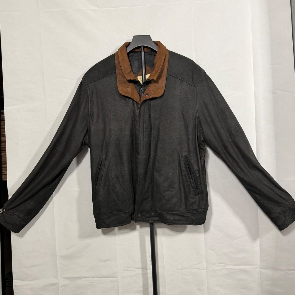 Remy Leather Mens Black Bomber Jacket Brown Suede Collar Made in USA Size 42